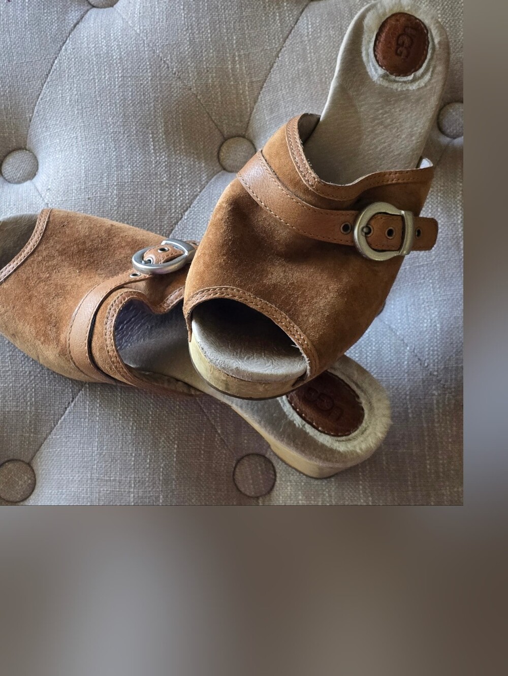 UGG Women Suede 1"Platform Peep-toe Clog/Mules, Chestnut Brown,3"Block Heel S:8